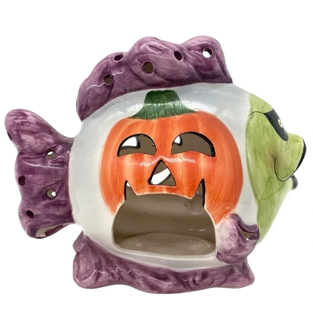 Halloween Ceramic Fish Candle Tea Light Luminary Pumpkin AppleTree Designs